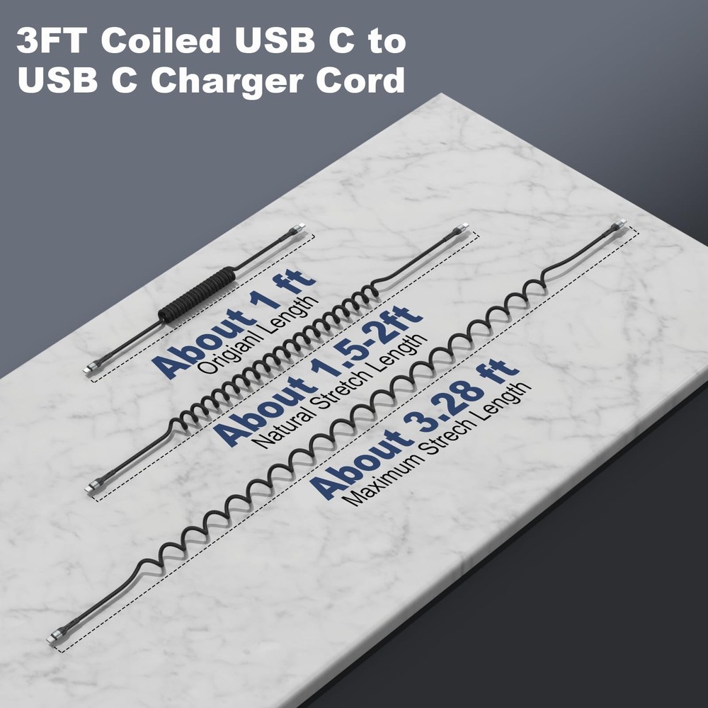 USB C to C Cable 3ft 2Pack Coiled C Charger for Car Type 3FT, Black