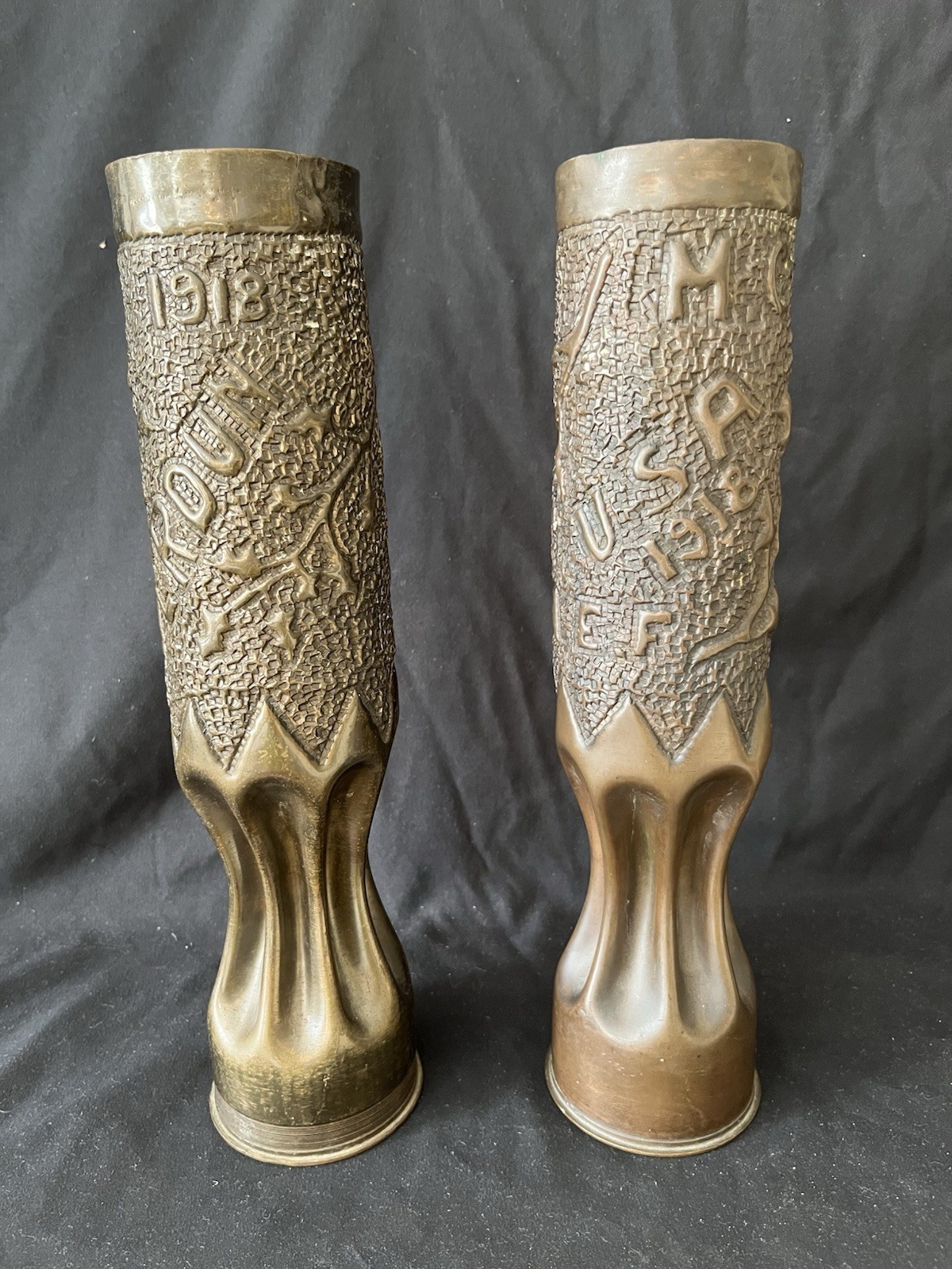 Pair Highly Decorated Dated 1918 WW1 Trench Art Brass 75MM