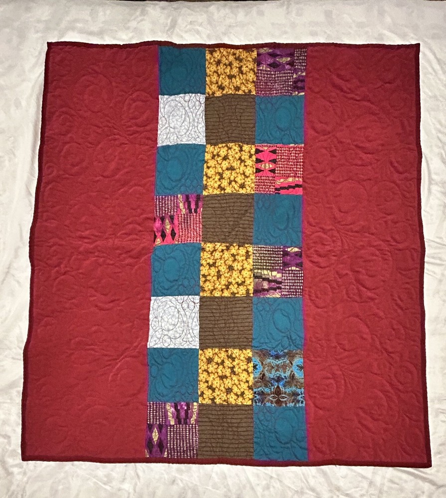 Handmade Patchwork Quilt Throw 41”X37” Red, maroon, floral