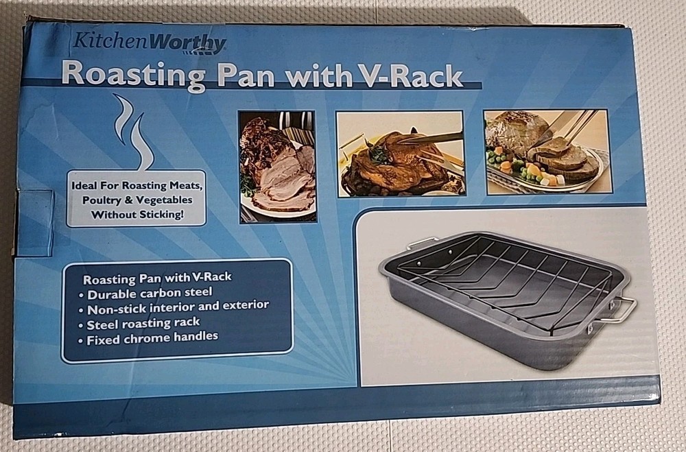 New KitchenWorthy Roasting Pan With V-Rack And Handles