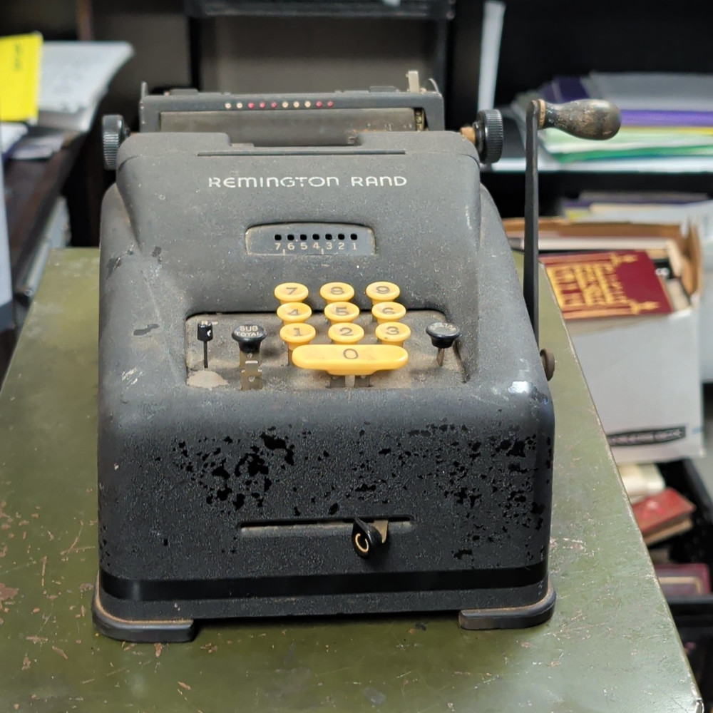 Remington Rand Black Adding Machine Calculator w/ Hand Crank