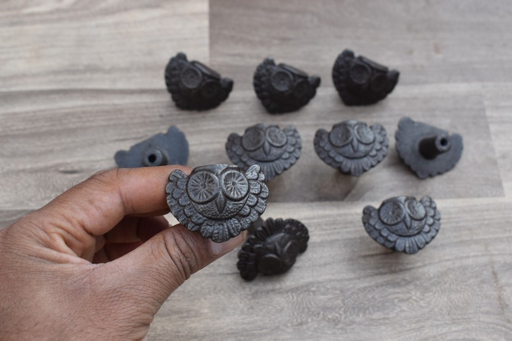 Vintage OWL Old cast iron cabinet drawer door knobs handles pull rustic 10 pcs