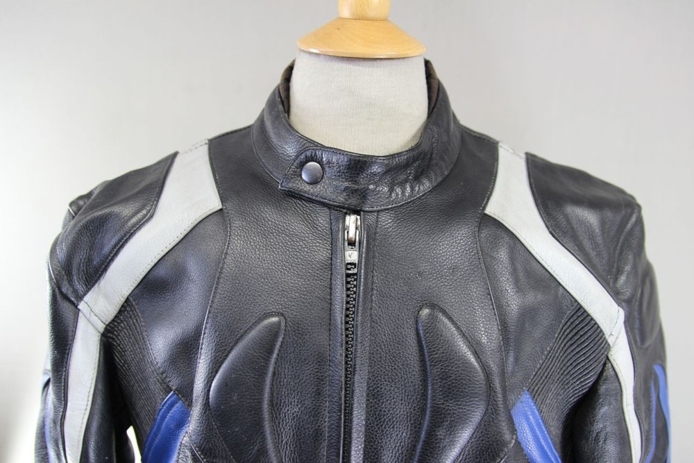 CASTOR 'BLACK CHASER' BLACK, BLUE & GREY LEATHER BIKER JACKET 42 INCH