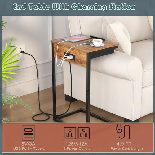 sthmec C Shaped End Table with Charging Station, 45° Tiltable 1 Rustic Brown