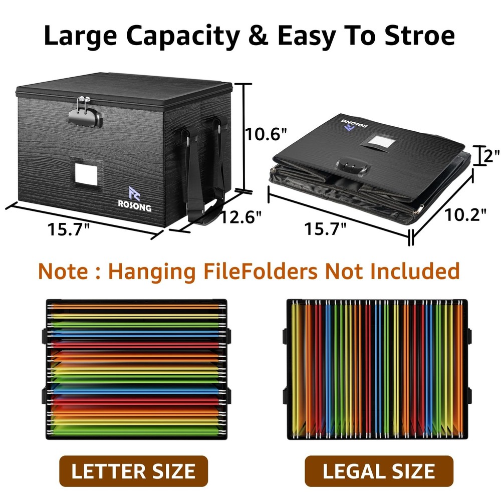ROSONG Fireproof Document Box File Organizer - Portable Locking 1pc, Black