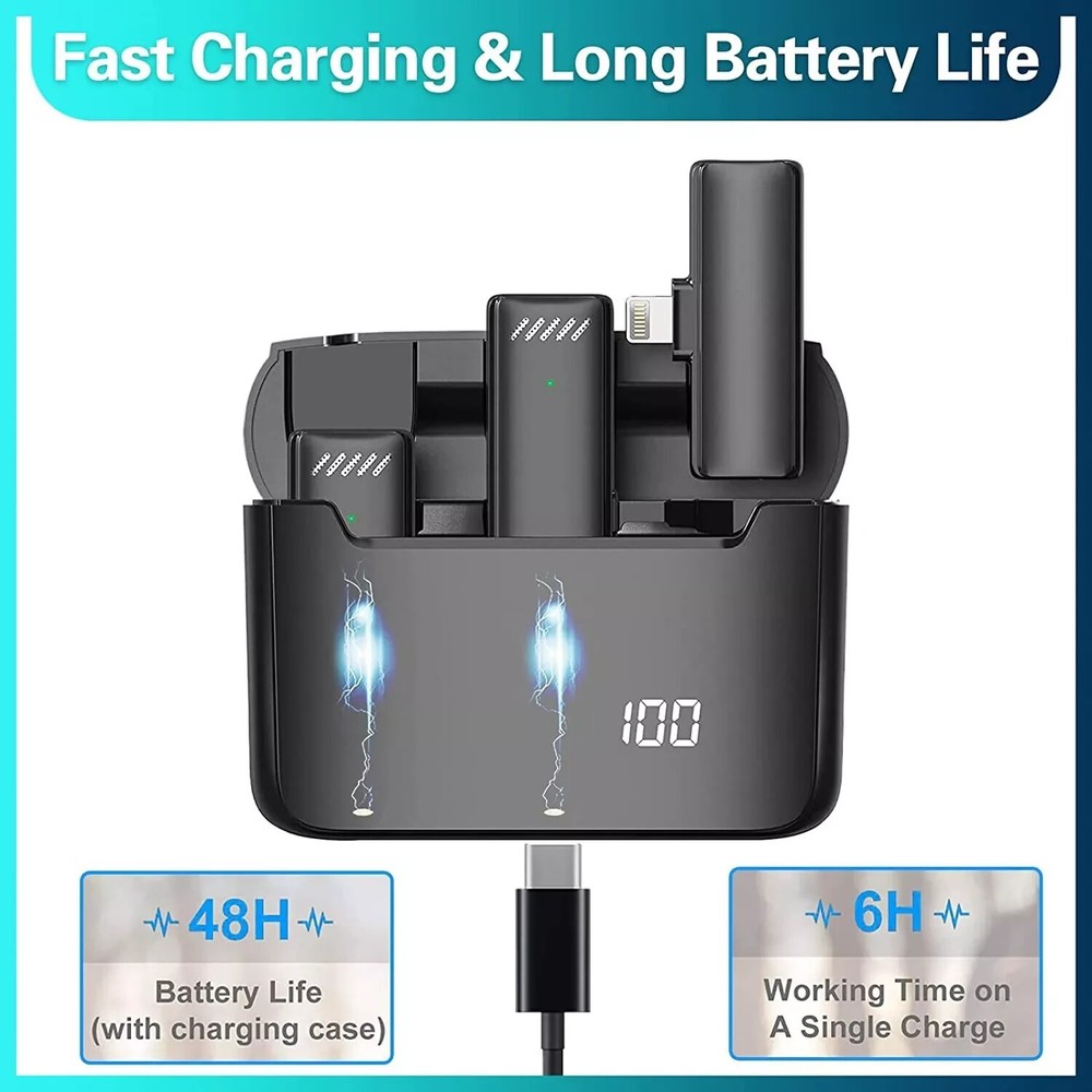 2 pc Professional Wireless Lavalier Microphone for iPhone iPad w/ Charging Case