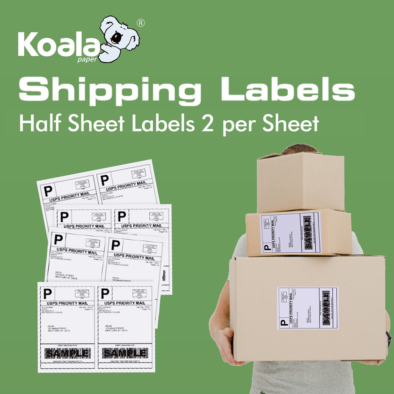 220-1100-4400 Shipping Labels 8.5x5.5 half sheet Self Adhesive 2 Per Sheet KOALA