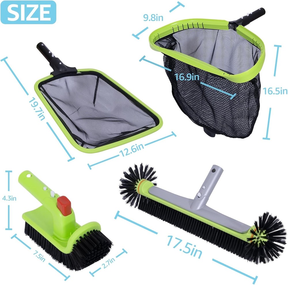 Deluxe Pool Cleaning Kit: Skimmer, Rotating Brush & Net for Debris & Algae
