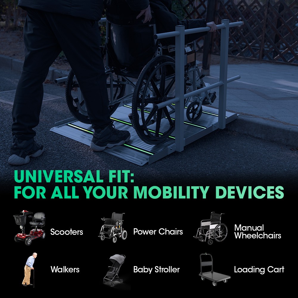 3FT Wheelchair Ramp with Handrails 36" Extra Wide Aluminum Threshold Ramp 800lbs