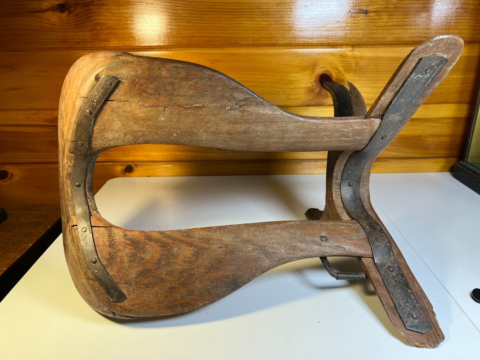 Antique 1880 Hand Made Wooden Saddle Stand Holder Blacksmith Peened Wrought Iron