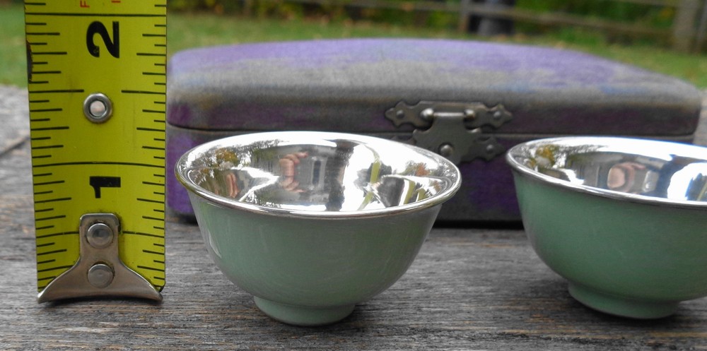 Vintage Hallmarked Silver & Celadon Sake Choko Cups