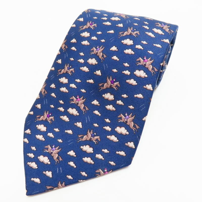 M03-k034 HERMES Pegasus pattern silk tie navy