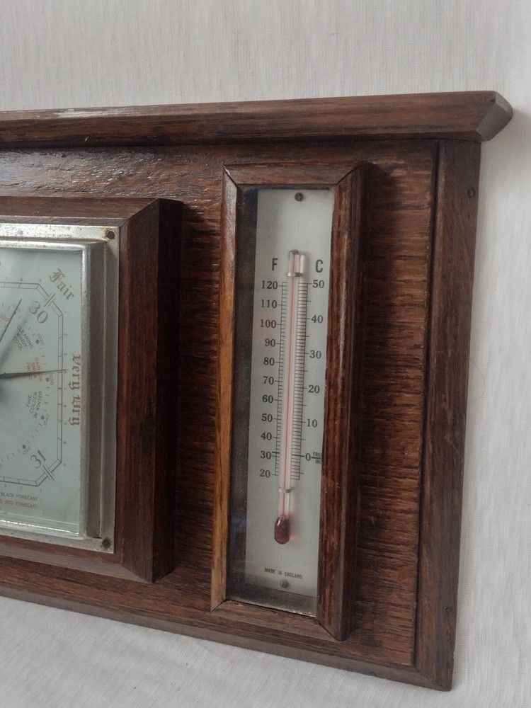 Barometer & Thermometer 1950s Original Rectangular Solid Wood Glass England Made