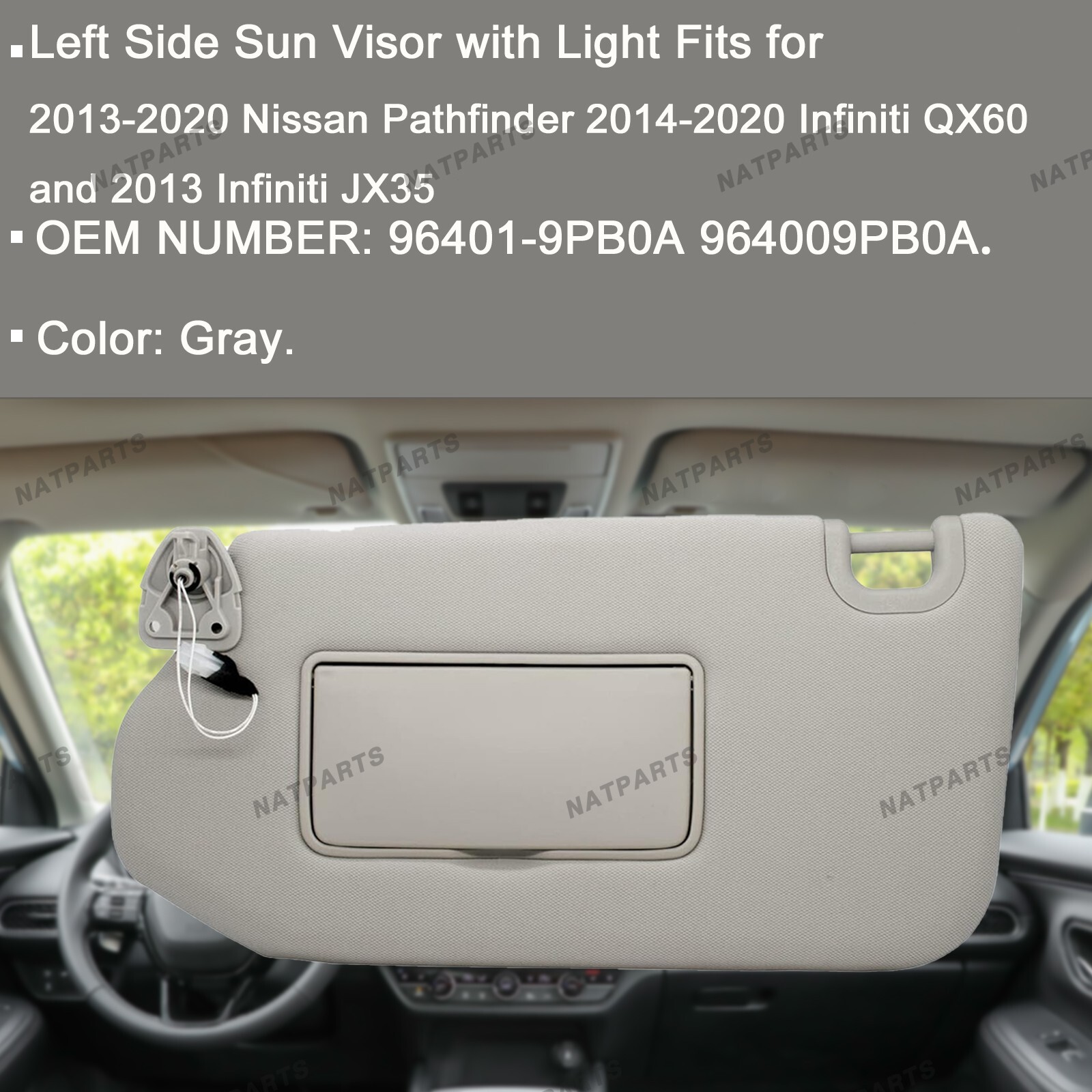 Left Driver Side Sun Visor W/Light for 2013-2020 Infiniti QX60 96401-9PB0A