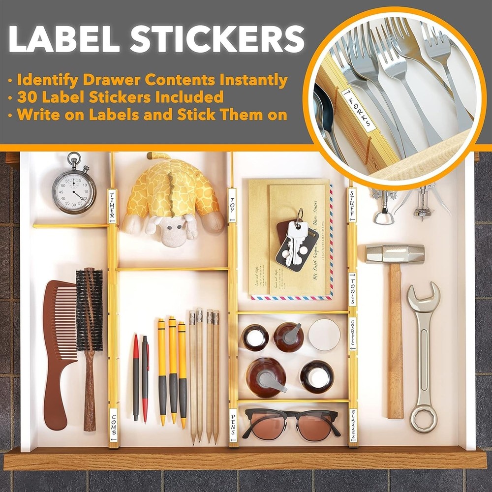 SpaceAid Bamboo 6 Drawer Dividers w/ 12 Inserts, Labels, Adjustable