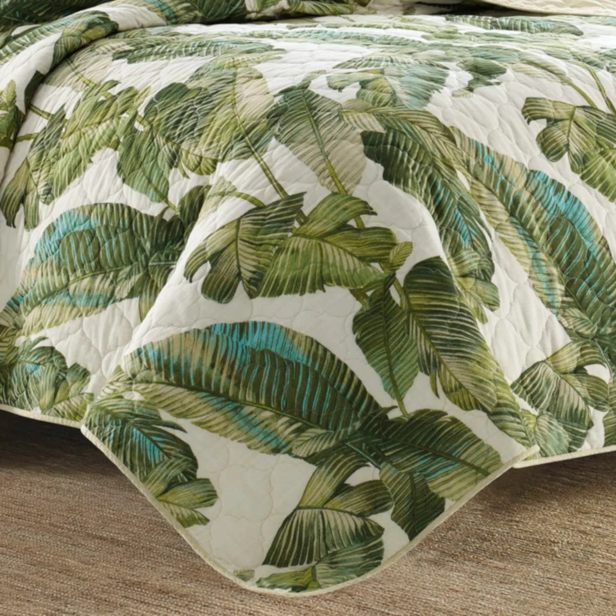 Queen Quilt Set Green Coastal Botanical Tropical Floral Bahama Exotic Leaves 3Pc