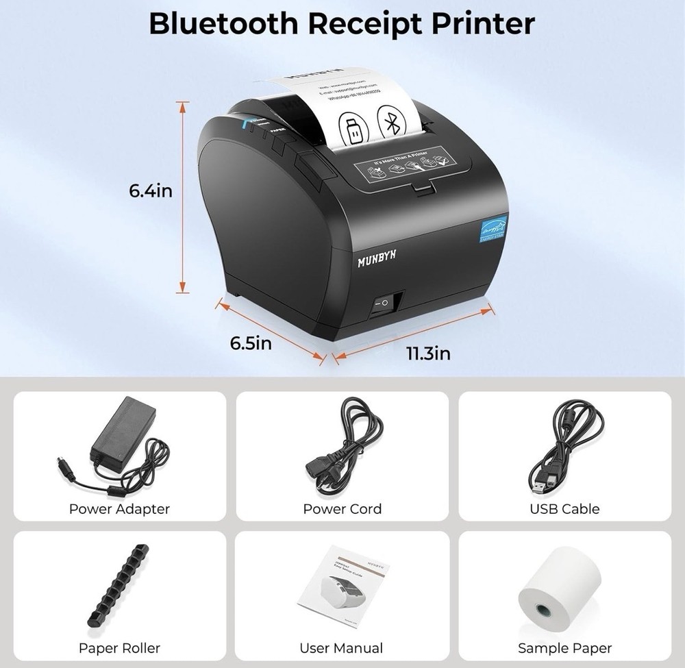 MUNBYN Bluetooth Thermal Receipt Printer P047, 80mm POS Printer, Thermal Printer