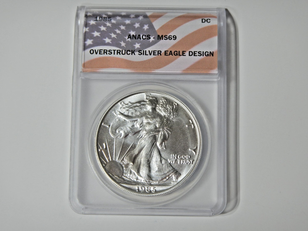 1985 DC Overstrike 1oz Mint State 69 Silver Eagle $1 Daniel Carr Fantasy coin