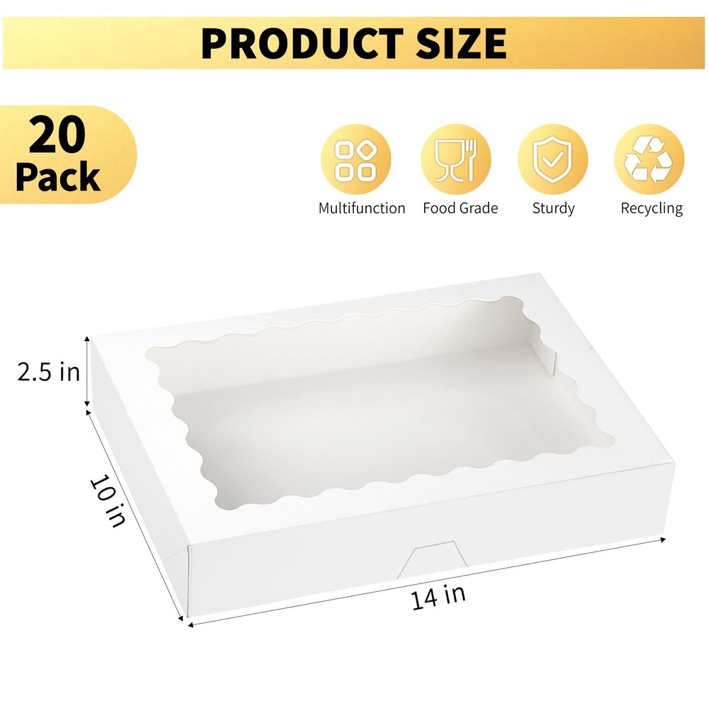 20 Pack Cookie Boxes, 14x10x2.5 Inch Large Bakery Boxes with Window, Auto-Pop...