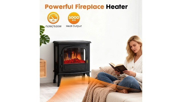 26" Freestanding Electric Fireplace Heater with 3D Flame Effect, Timer & Remote,