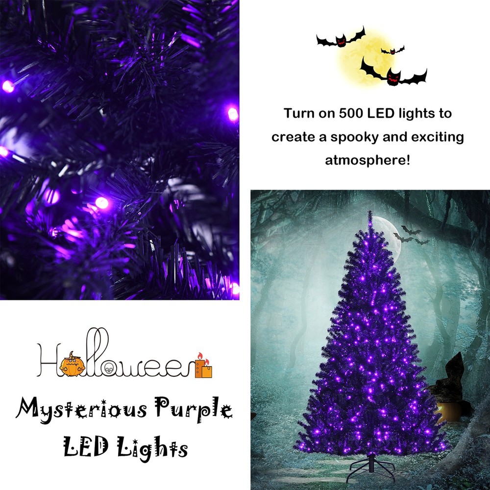 7 FT Pre-lit Black Halloween Tree Artificial Hinged Christmas Tree