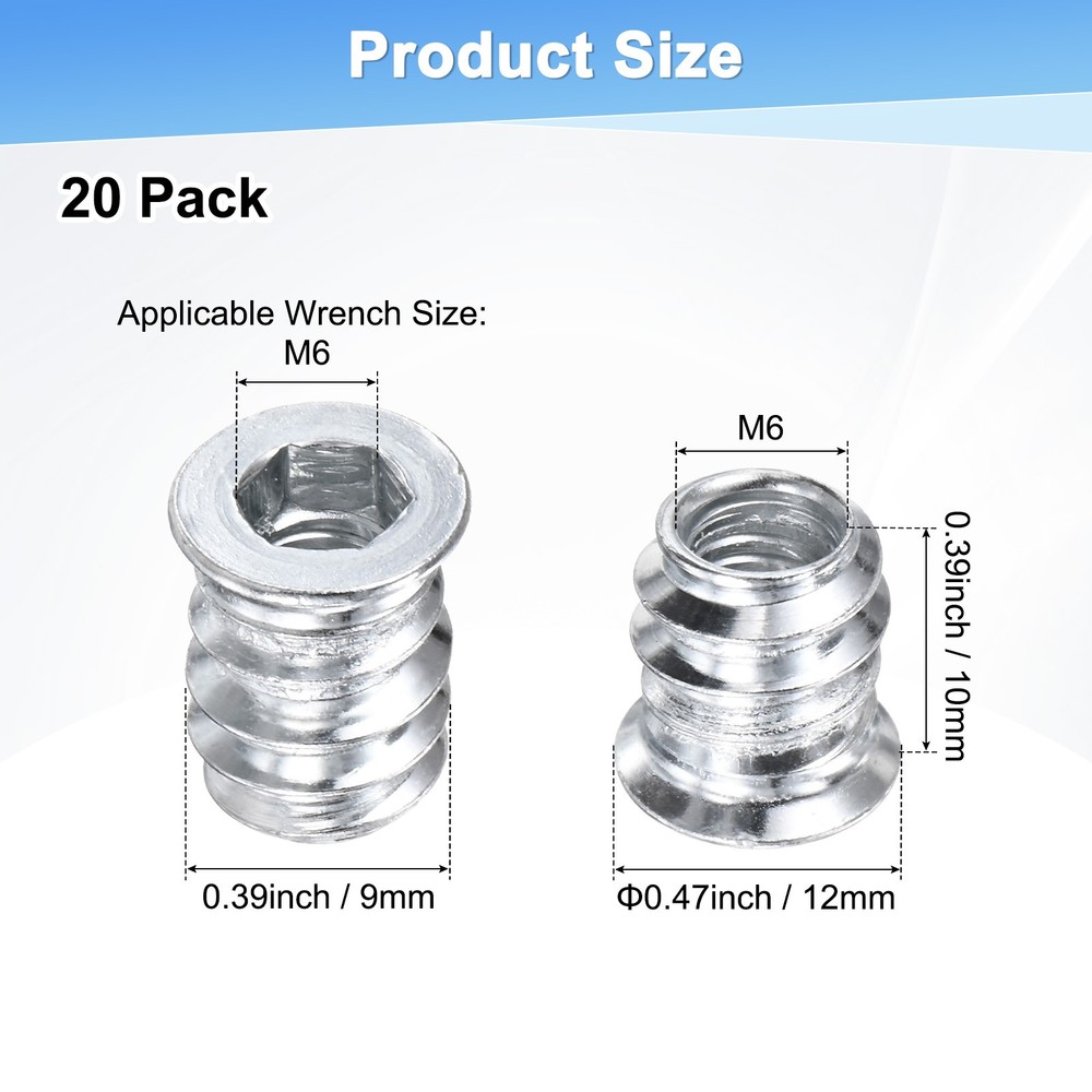 20-Pack Threaded Inserts for Wood, M6x10mm Threaded Insert Nuts [Silver Tone]