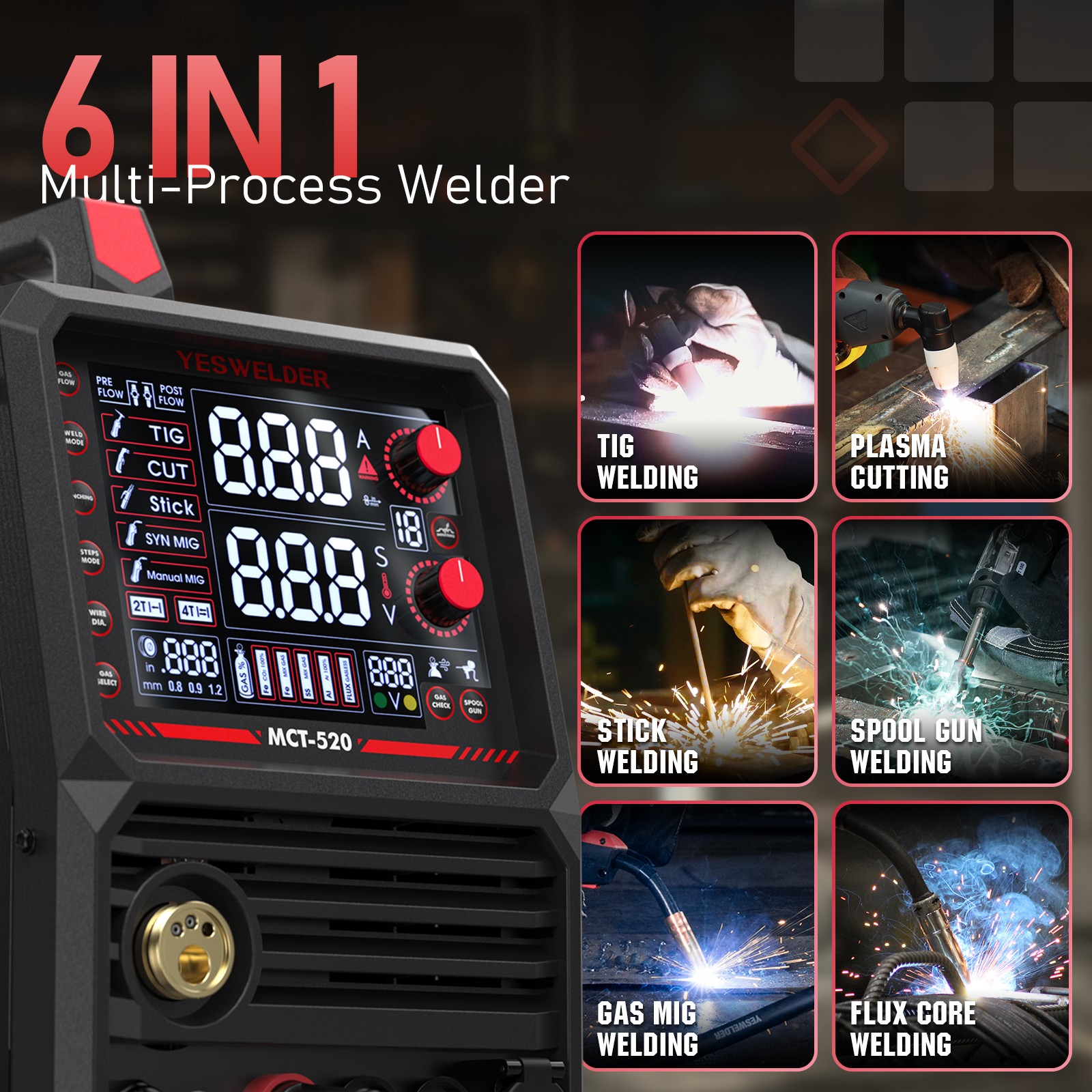 6-in-1 MIG Welder & Plasma Cutter, 200A MIG/TIG/Stick, 50A CUT, 110/220V