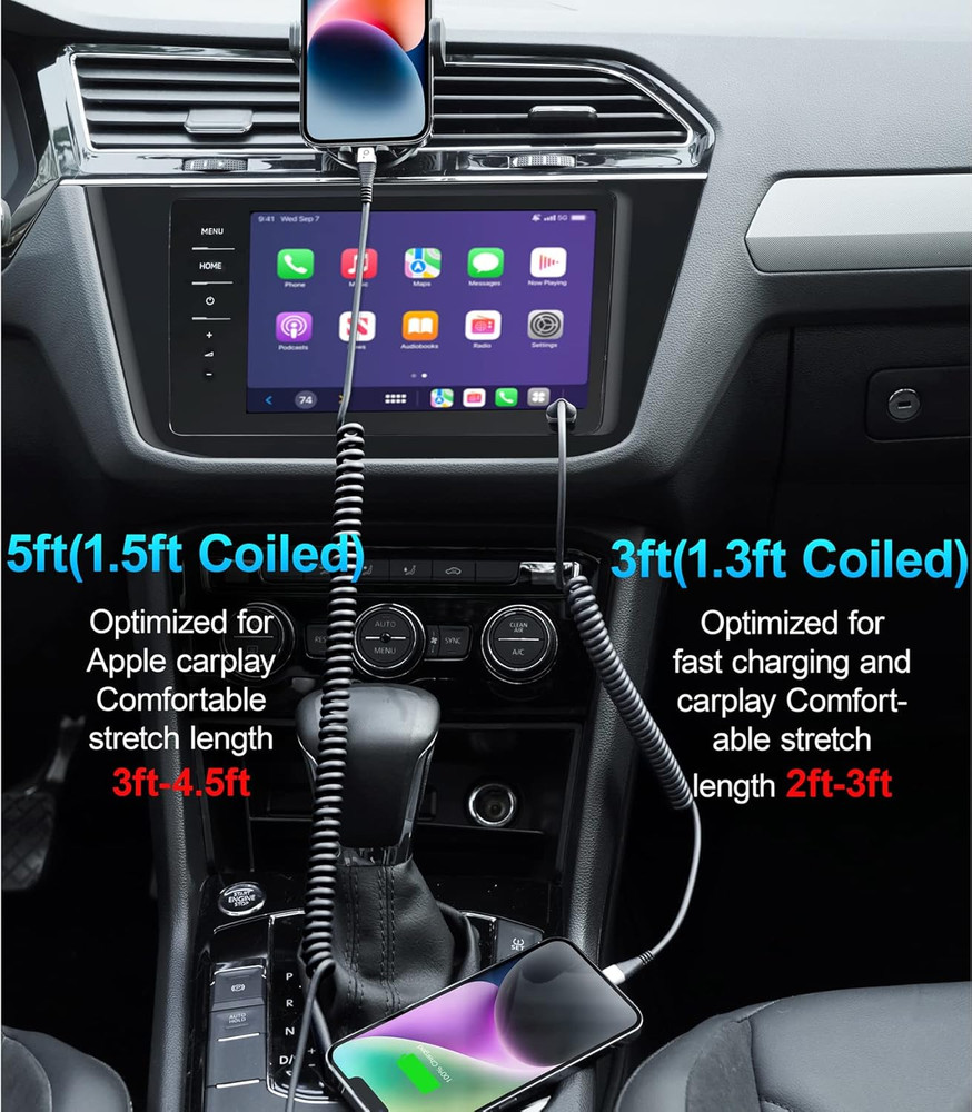 Iphone Charger Cable for Car (3FT/5FT), 2Pack Coiled Lightning Cable, [Apple Mfi