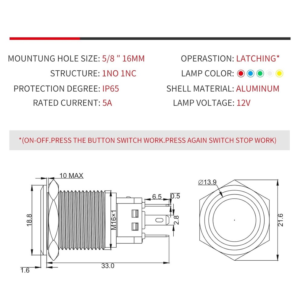16mm Latching Push Button Switch 12V DC On Off Self-Locking with LED Angel Eye H