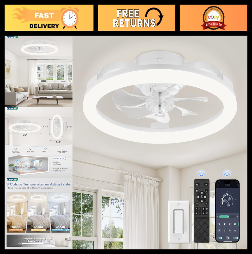 20" Low Profile Ceiling Fan with Lights, Remote & APP Control, Dimmable, 6 Speed