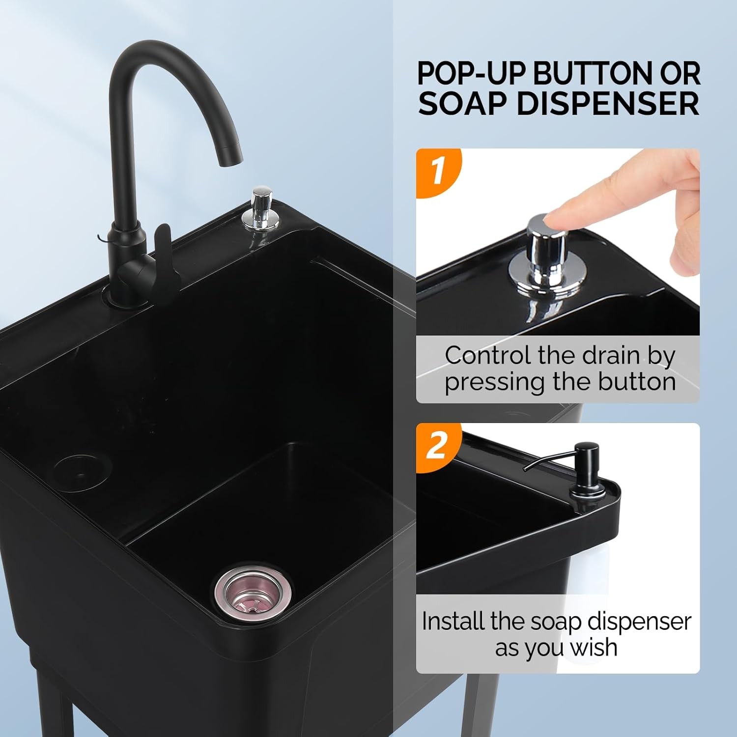 Garage Freestanding Plastic Utility Sink with Hot/Cold Faucet & Soap Dispenser