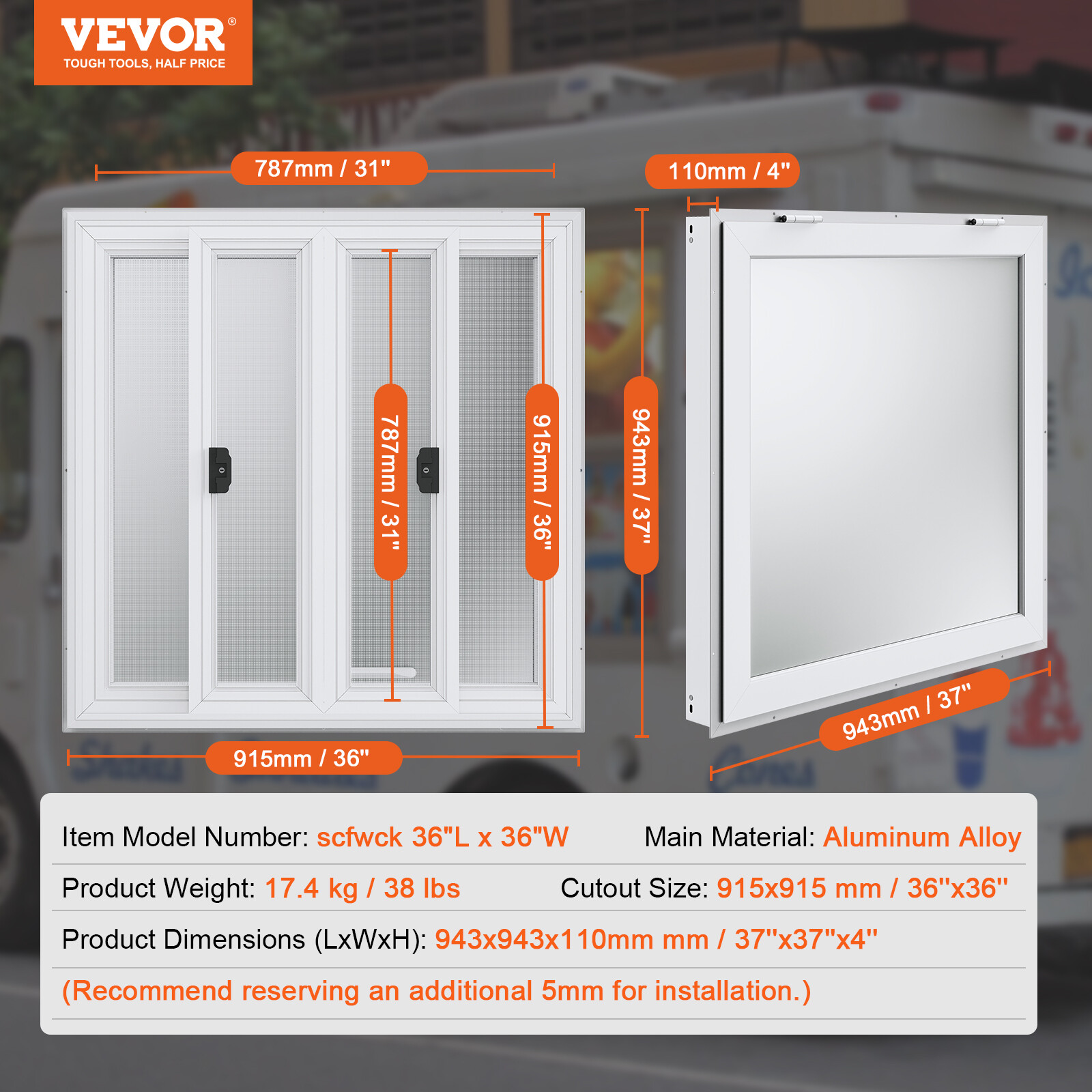 VEVOR 36"L x 36"W Concession Stand Serving Window Food Truck Service Awning