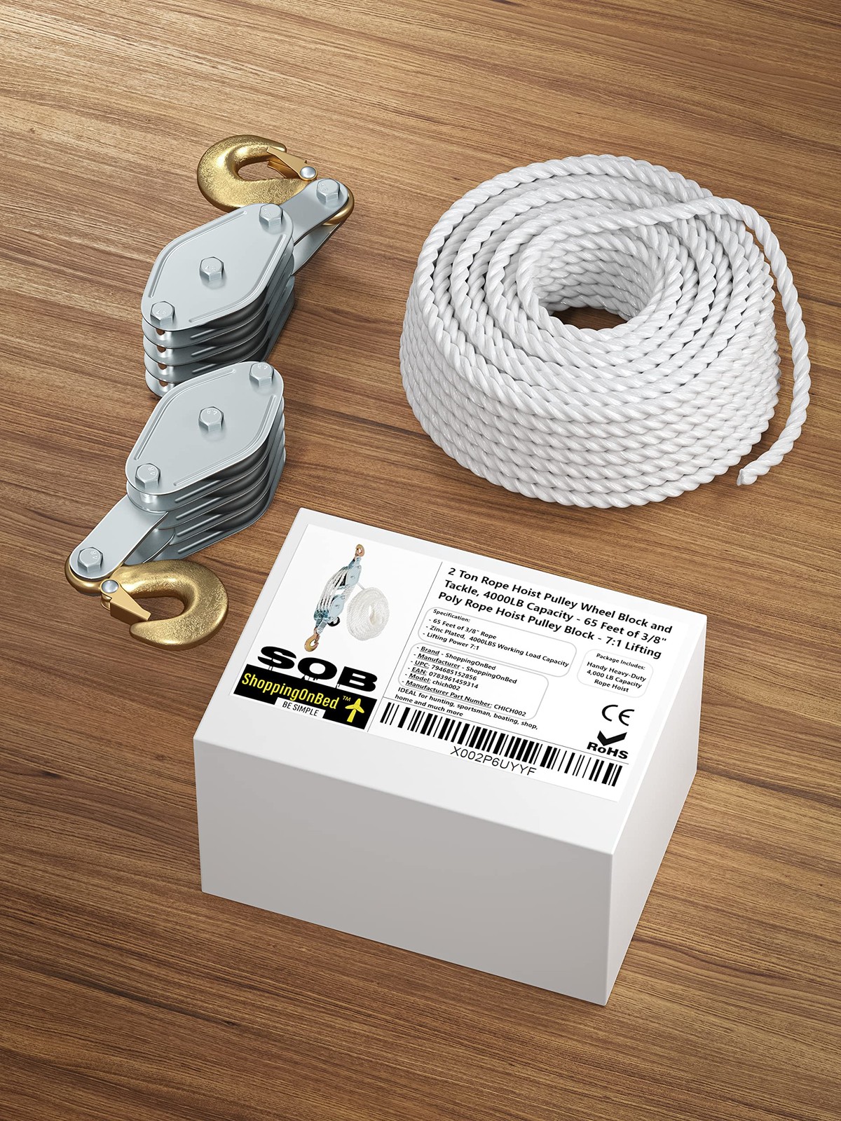 Block and Tackle Pulley System for Lifting Objects - SoB 4000LB Breaking Stre...