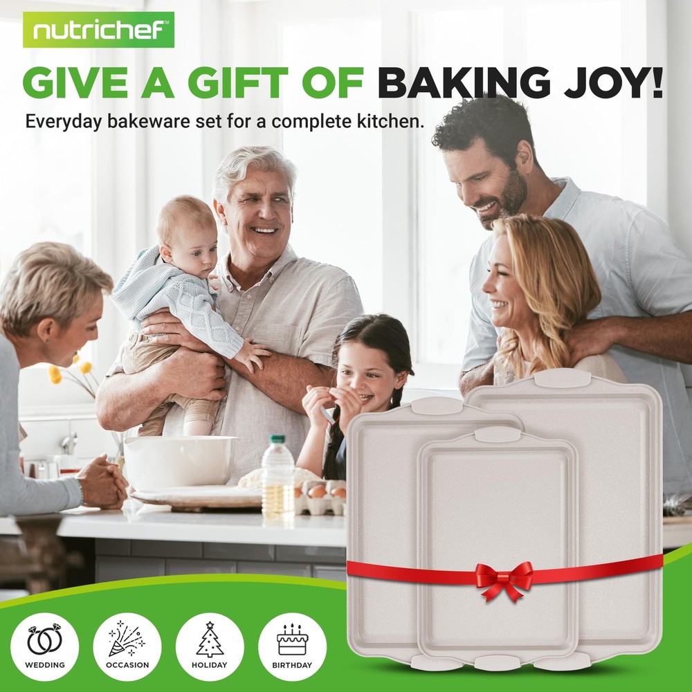 NutriChef 3 Piece Nonstick Cookie Sheets for Baking - (Cream Marble)