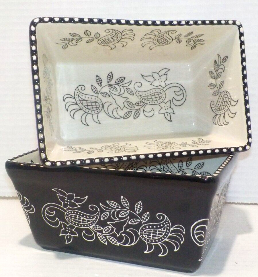 Lot 2 BAUM Small Rectangular LOAF Bakeware Dish Black White PAISLEY 6.5x4x3 *EUC