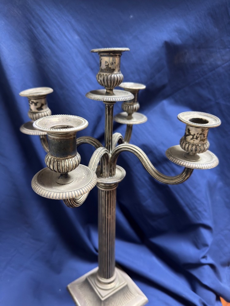 Pair Solid Silver 5-Light Candelabra Neoclassical Column Candlesticks 2.9lb Each