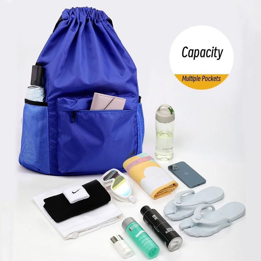 Drawstring Backpack Bag, Waterproof Draw String Back Sack with Zipper Pocket,...