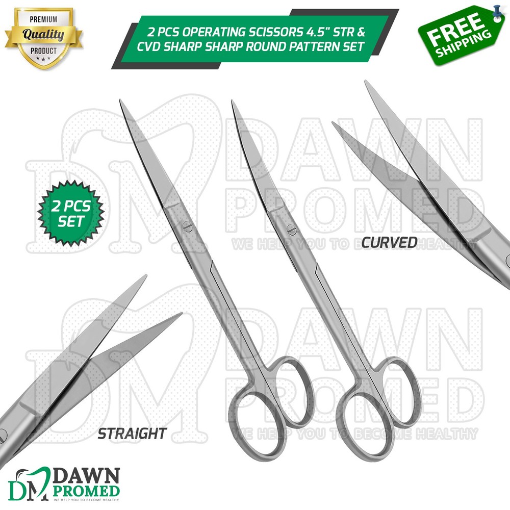 2 Pcs Operating Scissors 4.5" Straight & Curved Sharp Sharp Round Pattern Set