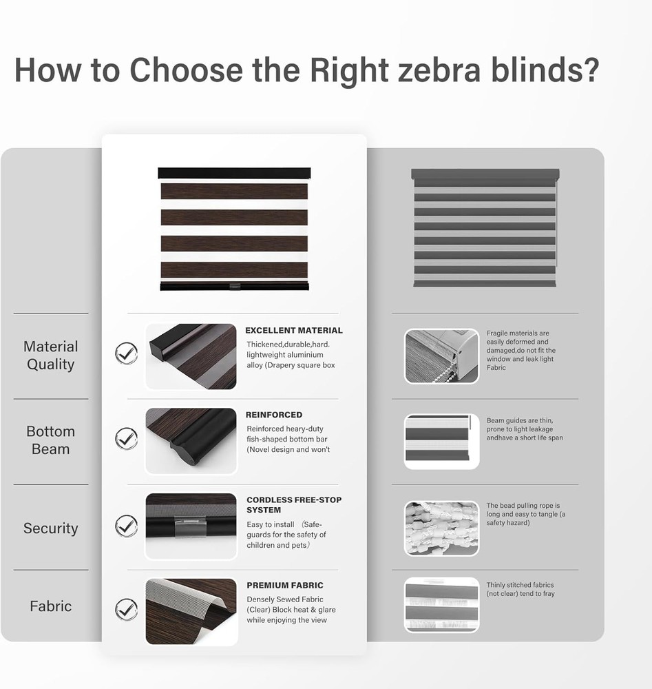 Cordless Zebra Blinds Windows Pull Down Roller Window Shades Dual Layer Light