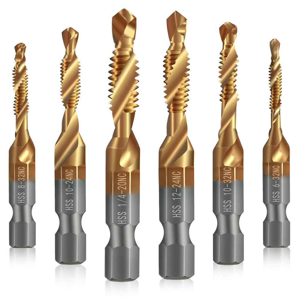 6 Pack Combination Drill and Tap Set, Professional HSS Titanium Thread Tap Drill