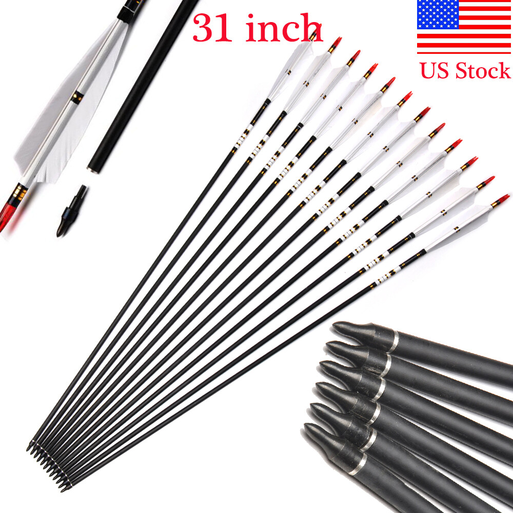 12Pcs 31" Archery Spine500 Carbon Turkey Feather Arrows for Recurve Compound Bow