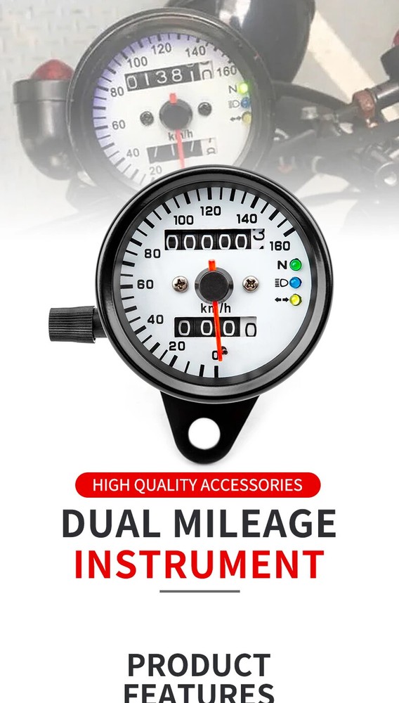 Universal Part Three Light Double Mileage 12V Motorcycle LED Display Speedometer