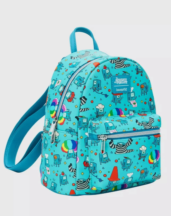 Loungefly Mini Backpack: ADVENTURE TIME All Over Print Blue Green BMO Poses