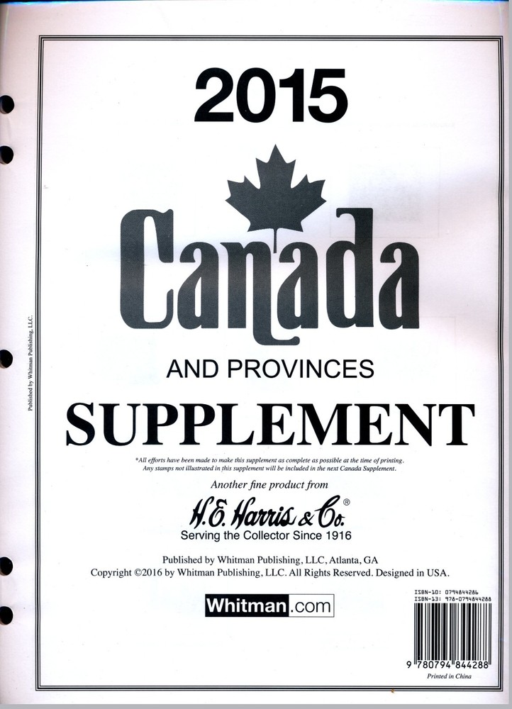 H E Harris Canada & Provinces 2015 Stamp Album Supplement