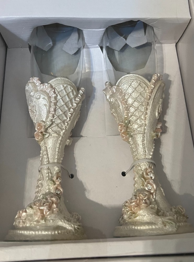 Wedding Celebration Server Set and Goblets Rose Bead Poly New