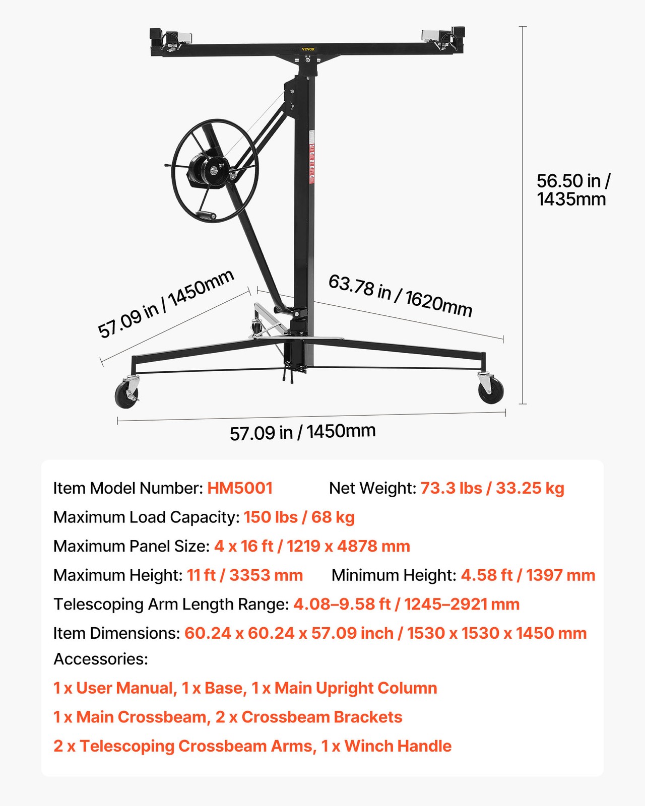 VEVOR 11ft Drywall Lift 150 lbs Sheetrock Hoist Adjustable Arm Lockable Wheels