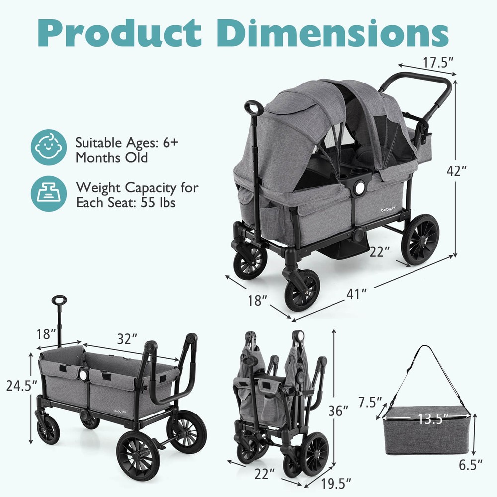 Wagon Stroller for 2 Kids Push Pull Double Stroller with Adjustable Handle