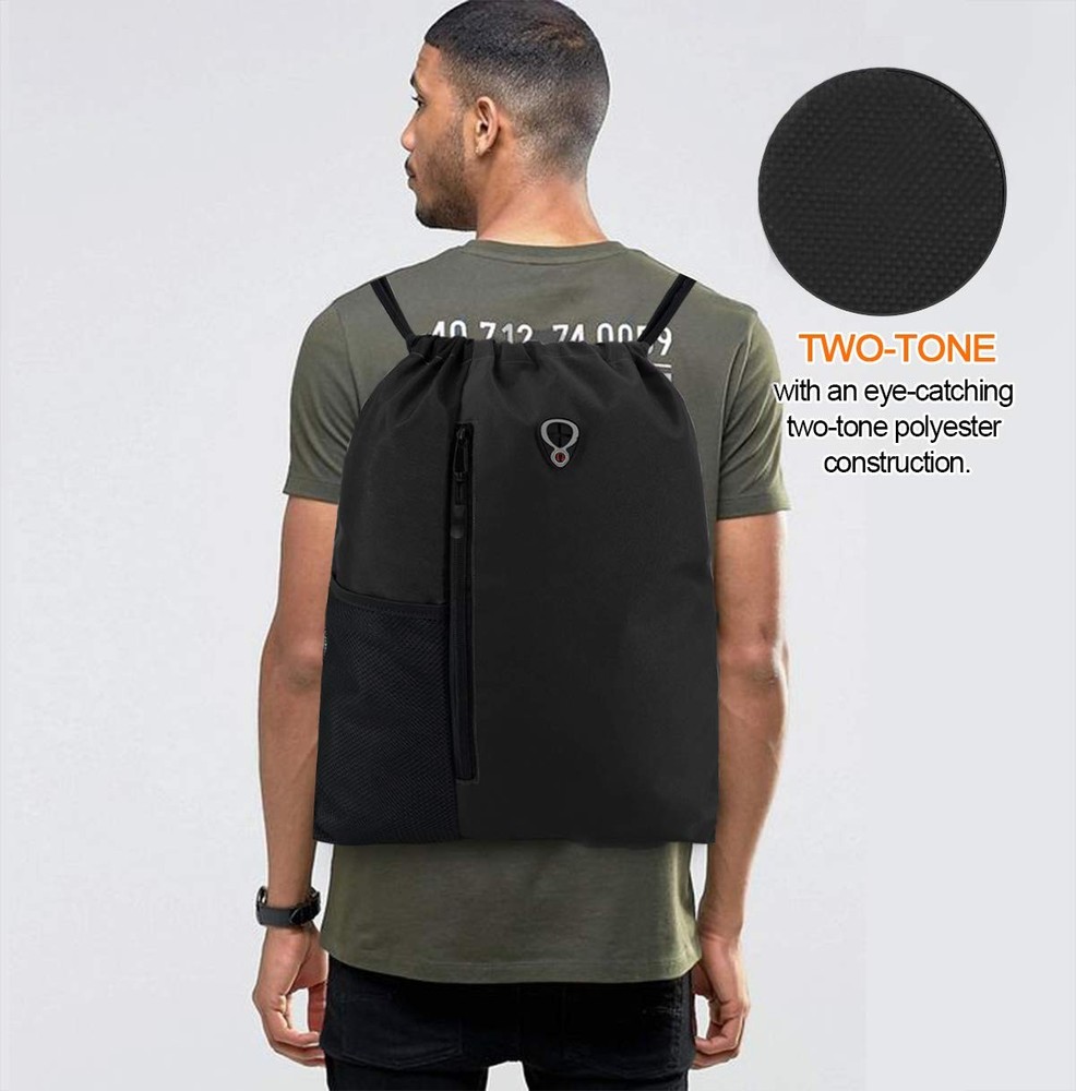 BeeGreen Black Drawstring Backpack Gym Bag For Men Women String Large,