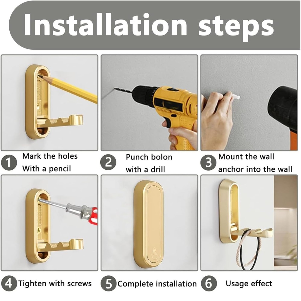 4PCS Gold Foldable Wall Hooks, Metal Folding Hooks Wall Mount, Easy Installat...