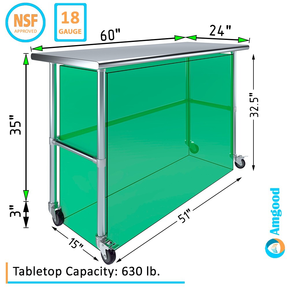 24 in. x 60 in. Stainless Steel Work Table Open Base & Wheels | Mobile Table